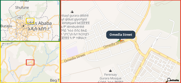 Map showing the address of Omedla Street in three different zoom levels.