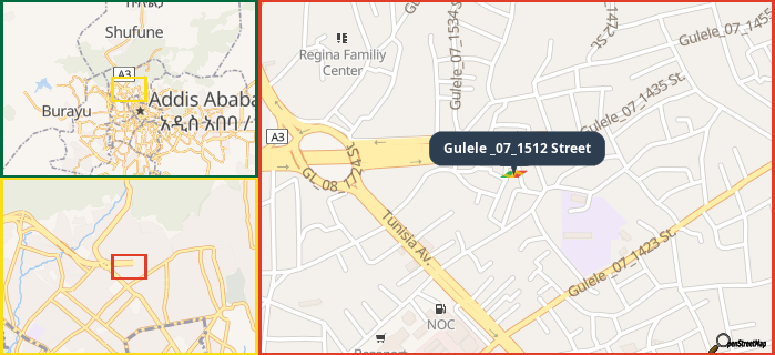 Map showing the address of Gulele _07_1512 Street in three different zoom levels.