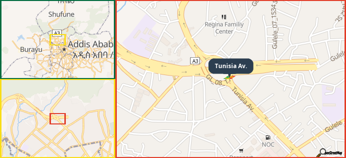 Map showing the address of Tunisia Av. in three different zoom levels.