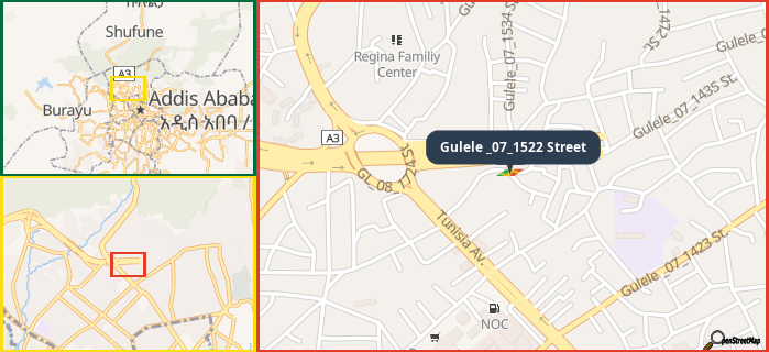 Map showing the address of Gulele _07_1522 Street in three different zoom levels.