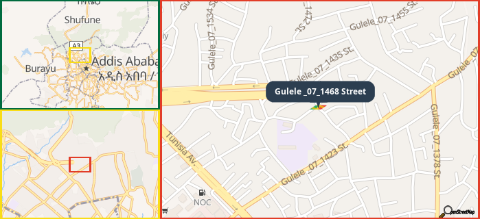 Map showing the address of Gulele _07_1468 Street in three different zoom levels.