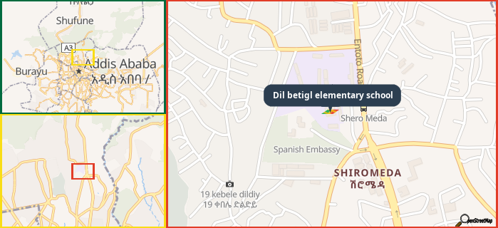 Map showing the address of Dil betigl elementary school in three different zoom levels.