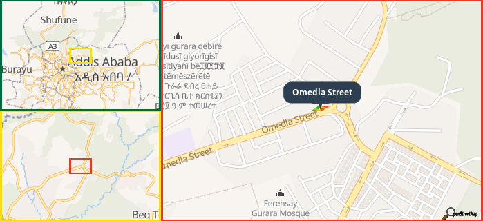 Map showing the address of Omedla Street in three different zoom levels.