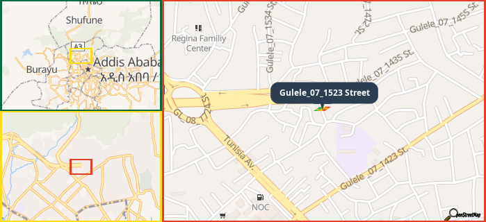 Map showing the address of Gulele_07_1523 Street in three different zoom levels.
