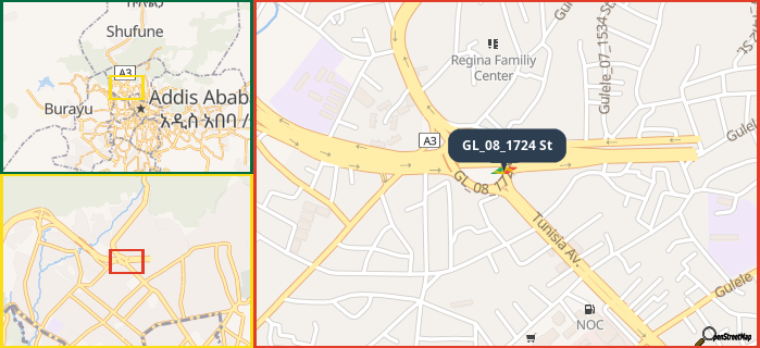 Map showing the address of GL_08_1724 St in three different zoom levels.