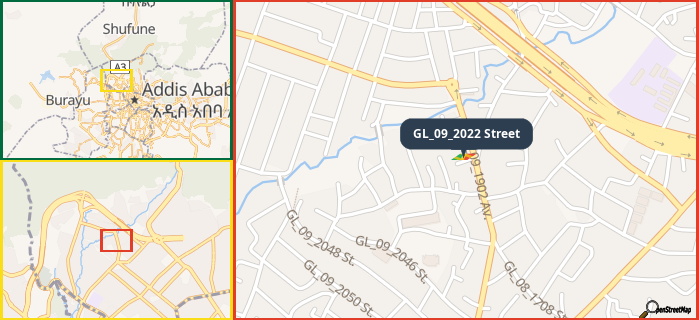 Map showing the address of GL_09_2022 Street in three different zoom levels.