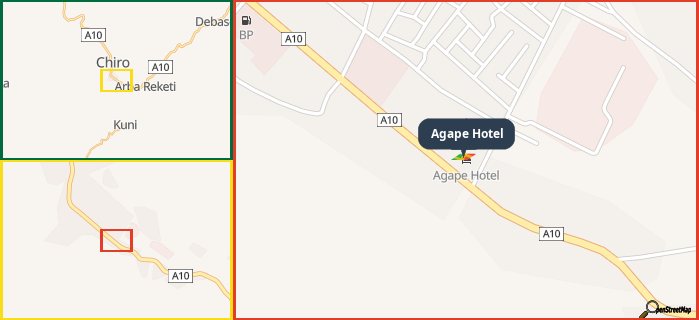 Map showing the address of Agape Hotel in three different zoom levels.