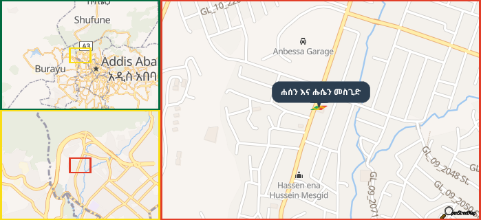 Map showing the address of ሐሰን እና ሑሴን መስጊድ in three different zoom levels.