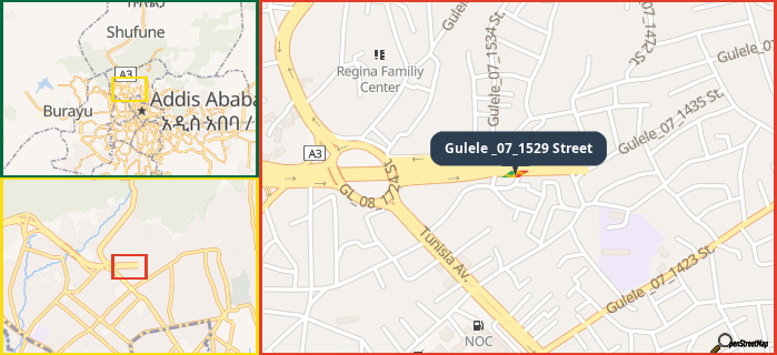 Map showing the address of Gulele _07_1529 Street in three different zoom levels.