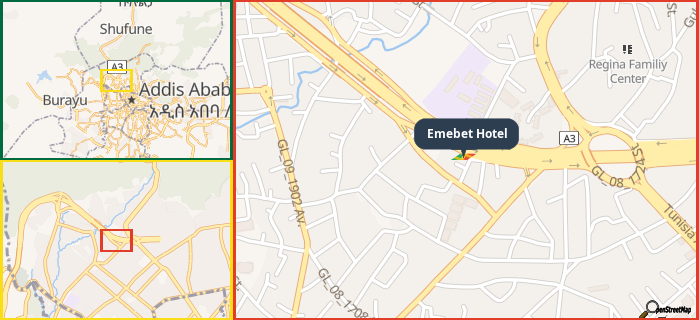 Map showing the address of Emebet Hotel in three different zoom levels.