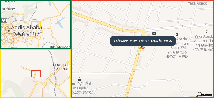 Map showing the address of የኢትዬጵያ ንግድ ባንክ የካ አባዶ ቅርንጫፍ in three different zoom levels.
