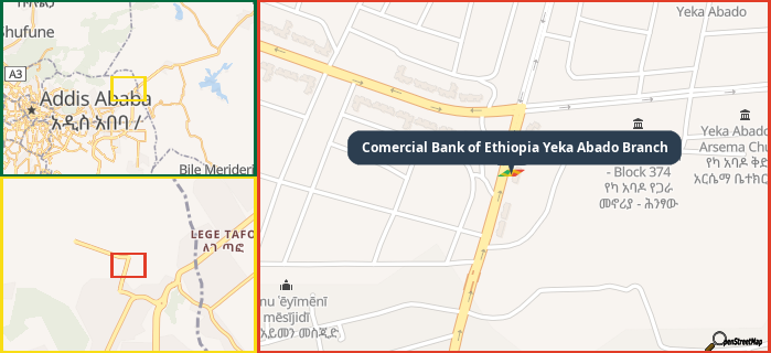 Map showing the address of Comercial Bank of Ethiopia Yeka Abado Branch in three different zoom levels.