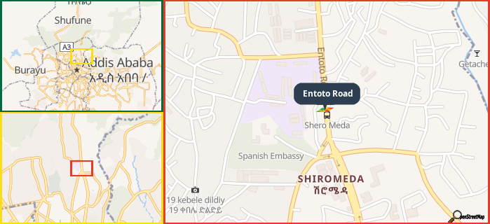 Map showing the address of Entoto Road in three different zoom levels.