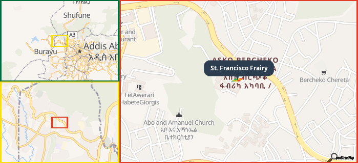 Map showing the address of St. Francisco Frairy in three different zoom levels.