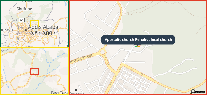 Map showing the address of Apostolic church Rehobot local church in three different zoom levels.