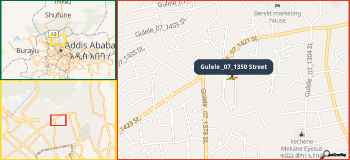 Map showing the address of Gulele _07_1350 Street in three different zoom levels.