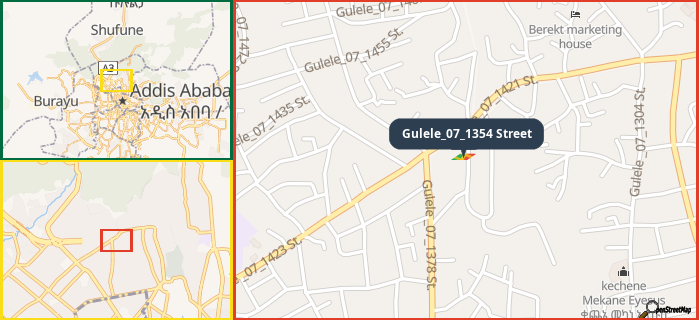 Map showing the address of Gulele_07_1354 Street in three different zoom levels.