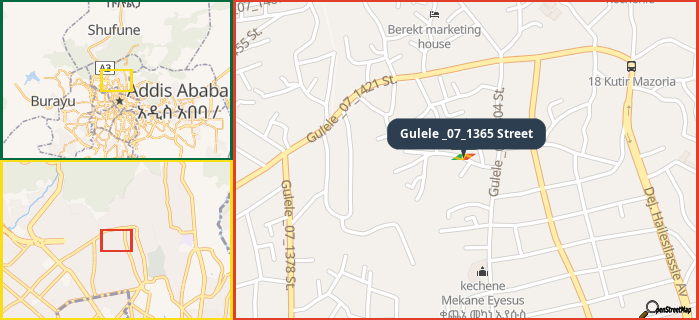 Map showing the address of Gulele _07_1365 Street in three different zoom levels.