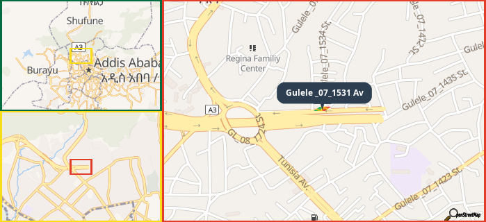Map showing the address of Gulele _07_1531 Av in three different zoom levels.