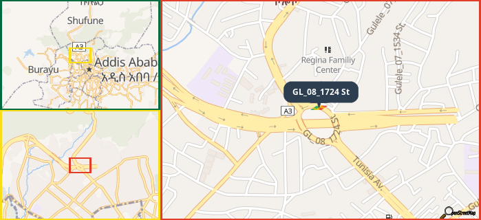 Map showing the address of GL_08_1724 St in three different zoom levels.
