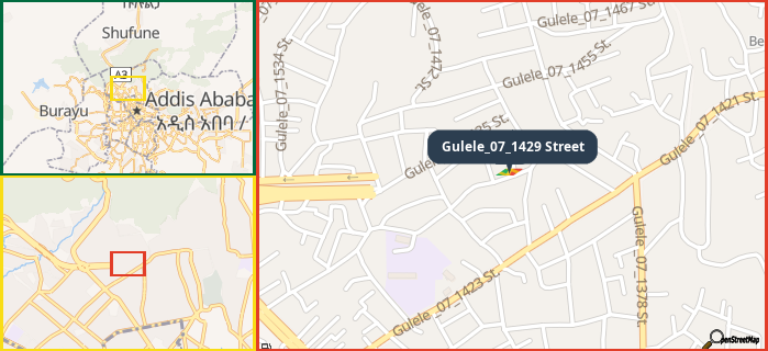 Map showing the address of Gulele_07_1429 Street in three different zoom levels.