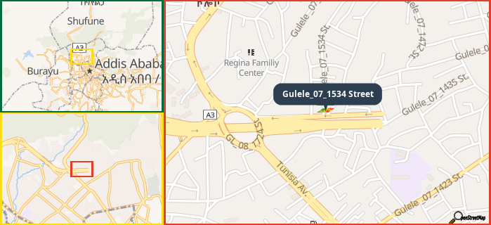 Map showing the address of Gulele_07_1534 Street in three different zoom levels.