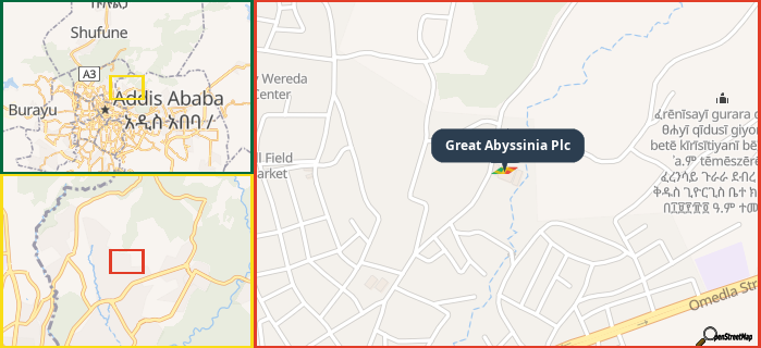 Map showing the address of Great Abyssinia Plc in three different zoom levels.