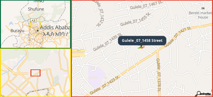 Map showing the address of Gulele _07_1458 Street in three different zoom levels.