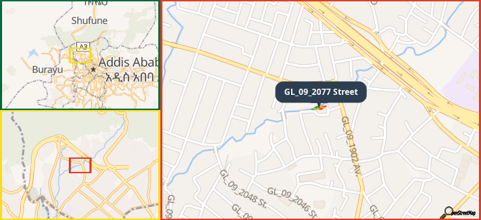 Map showing the address of GL_09_2077 Street in three different zoom levels.