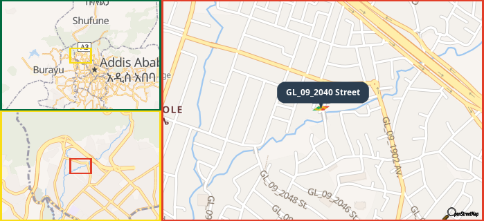 Map showing the address of GL_09_2040 Street in three different zoom levels.