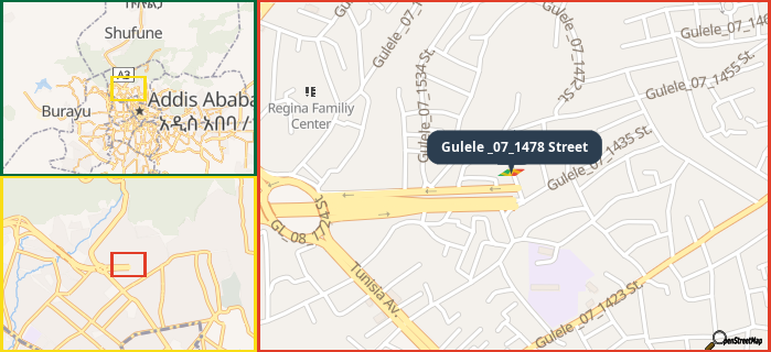 Map showing the address of Gulele _07_1478 Street in three different zoom levels.