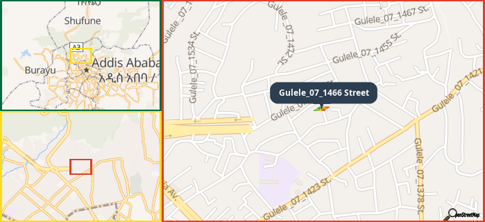 Map showing the address of Gulele_07_1466 Street in three different zoom levels.