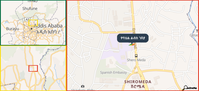 Map showing the address of የባህል ልብስ ገበያ in three different zoom levels.