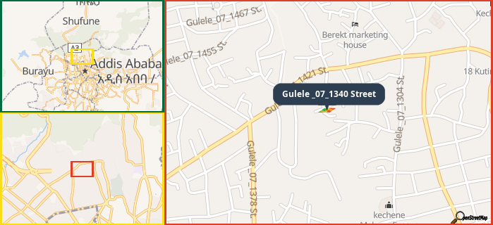 Map showing the address of Gulele _07_1340 Street in three different zoom levels.