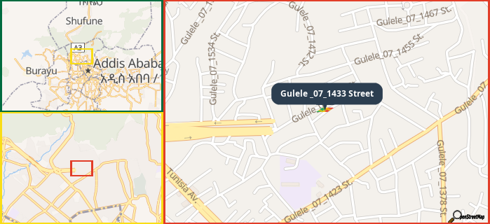 Map showing the address of Gulele _07_1433 Street in three different zoom levels.