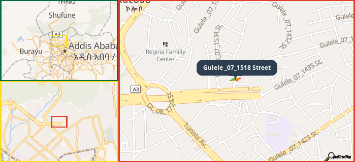 Map showing the address of Gulele _07_1518 Street in three different zoom levels.