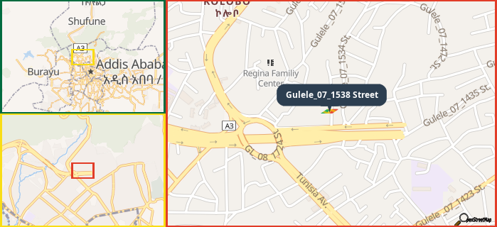Map showing the address of Gulele_07_1538 Street in three different zoom levels.