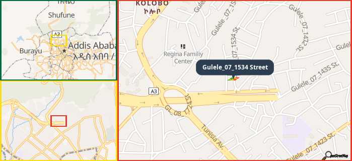 Map showing the address of Gulele_07_1534 Street in three different zoom levels.