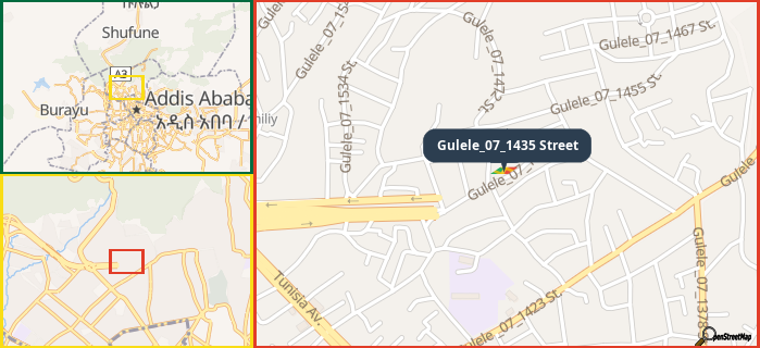 Map showing the address of Gulele_07_1435 Street in three different zoom levels.