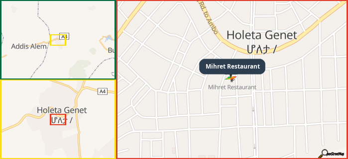 Map showing the address of Mihret Restaurant in three different zoom levels.