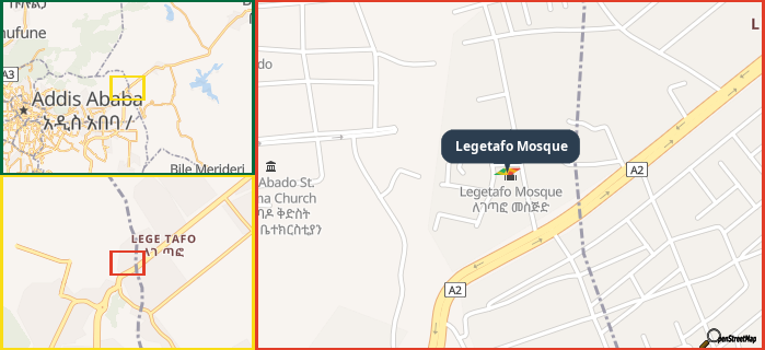 Map showing the address of Legetafo Mosque in three different zoom levels.