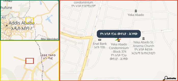 Map showing the address of የካ አባዶ የጋራ መኖሪያ - ሕንፃው in three different zoom levels.
