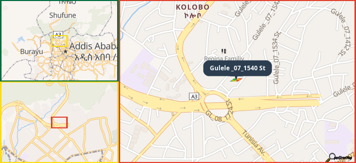 Map showing the address of Gulele _07_1540 St in three different zoom levels.