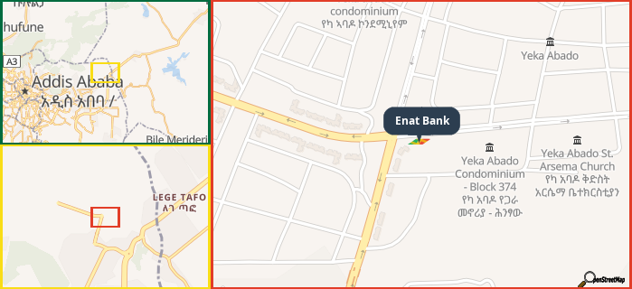 Map showing the address of Enat Bank in three different zoom levels.