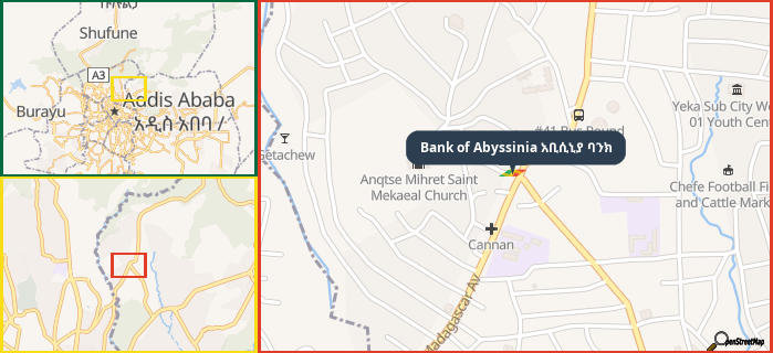 Map showing the address of Bank of Abyssinia አቢሲኒያ ባንክ in three different zoom levels.