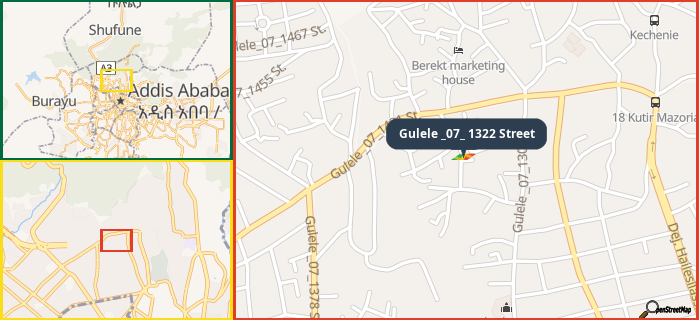 Map showing the address of Gulele _07_ 1322 Street in three different zoom levels.