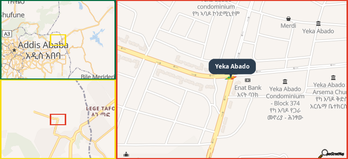 Map showing the address of Yeka Abado in three different zoom levels.