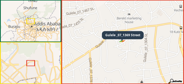 Map showing the address of Gulele _07_1369 Street in three different zoom levels.