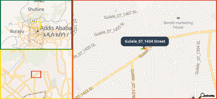 Map showing the address of Gulele_07_1434 Street in three different zoom levels.