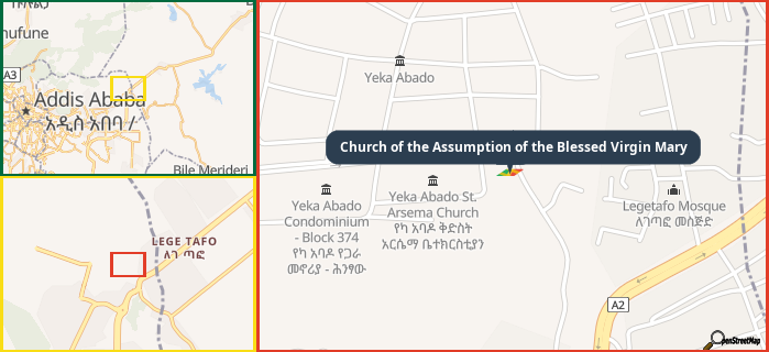 Map showing the address of Church of the Assumption of the Blessed Virgin Mary in three different zoom levels.